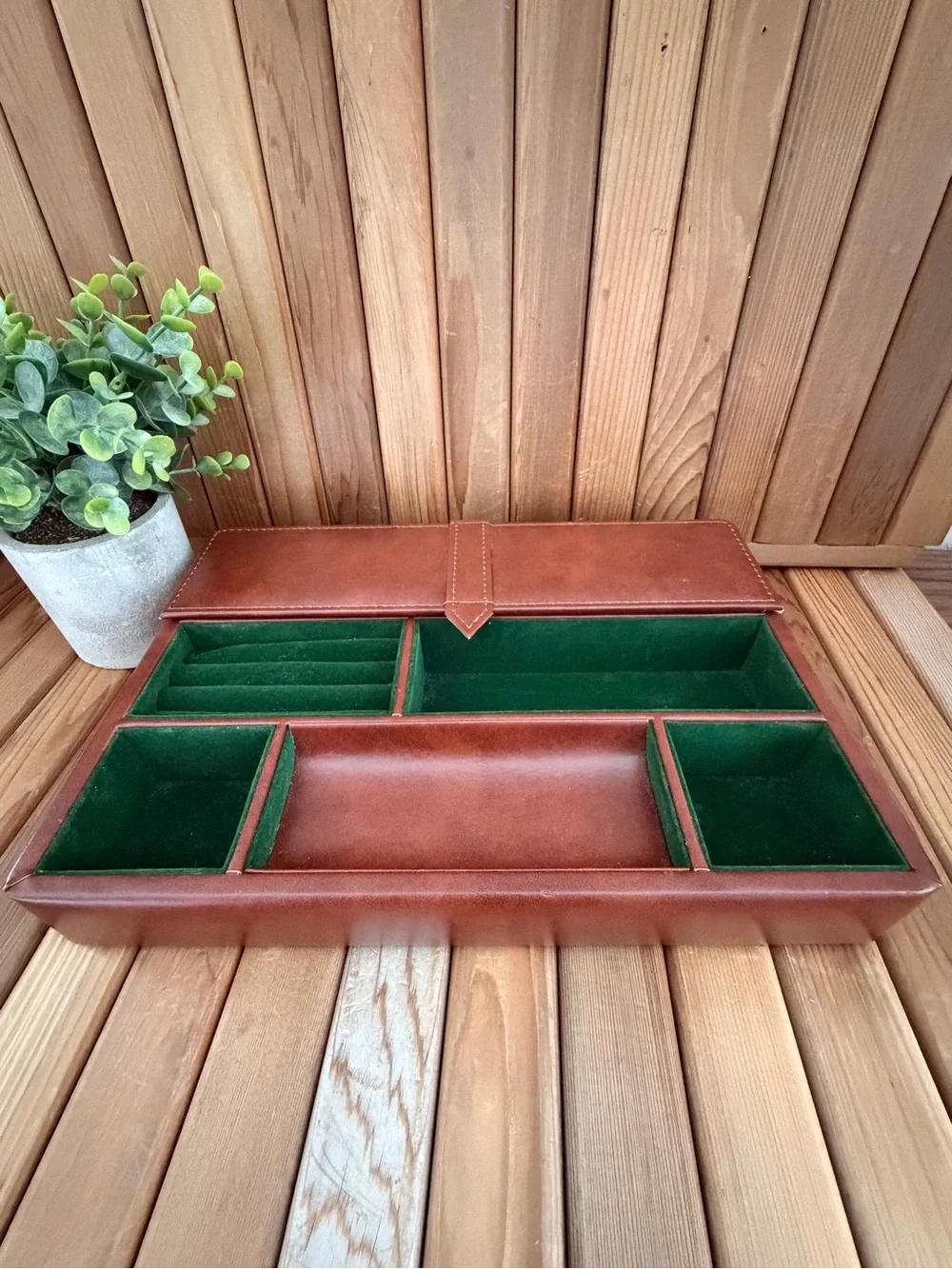 Vintage Faux Leather Valet Tray Jewelry Organizer Brown Green Flocked Interior